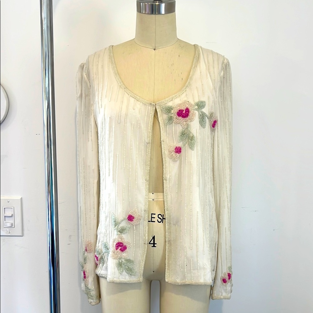 Embroidered Cream Cardigan with Floral Accents